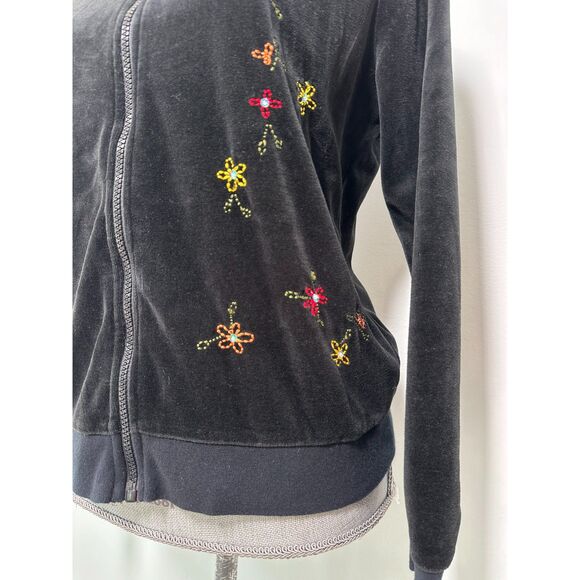Vintage Y2K Black Velour Floral Embroidered Track Jacket Hoodie size M/L - Picture 5 of 9
